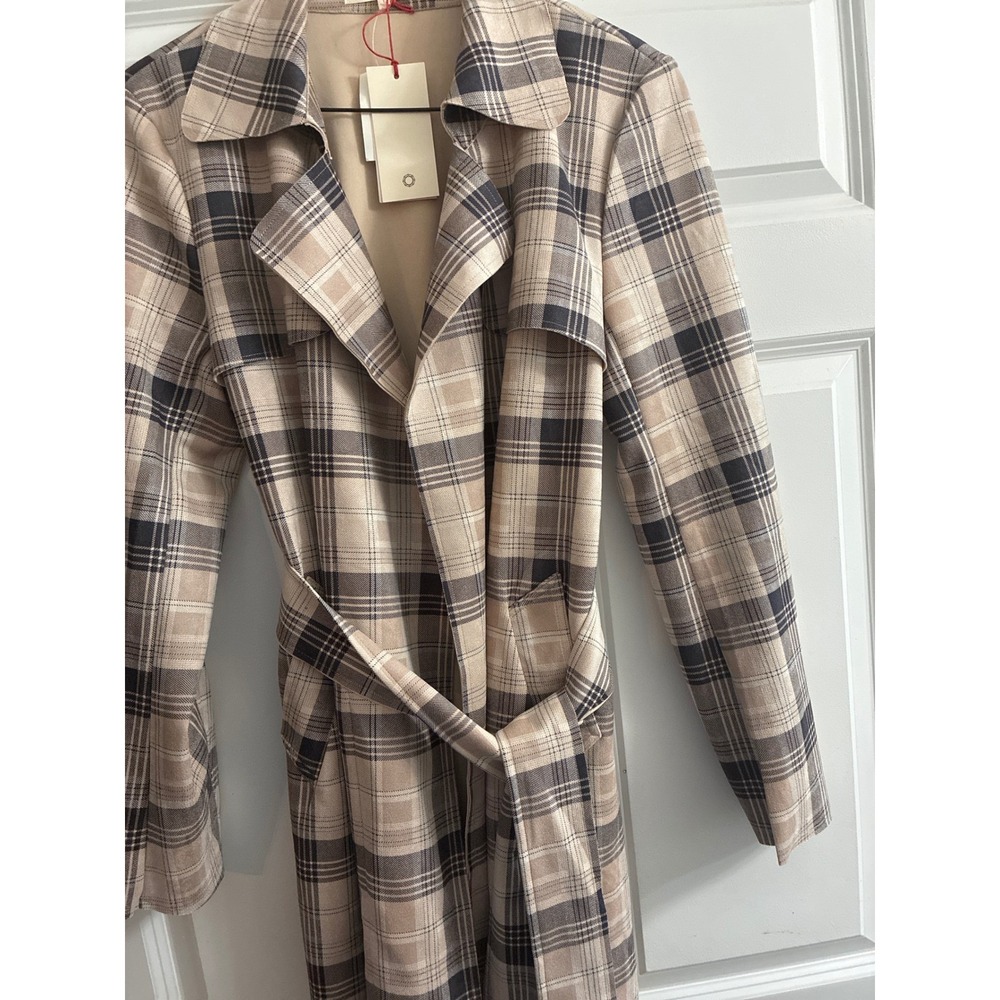 Solitaire Plaid Trench Coat Womens Large Tan Brown Check Belted Jacket NWT